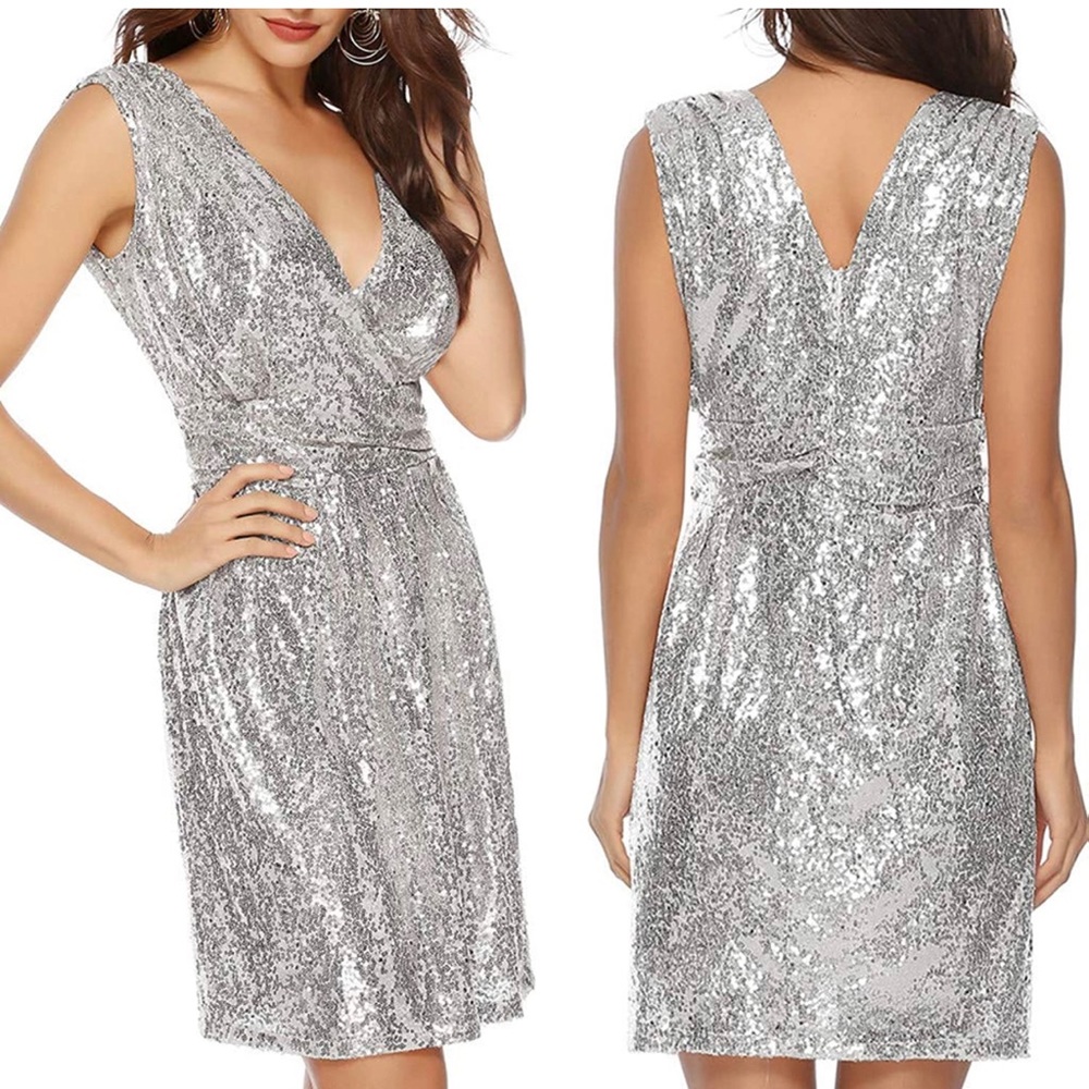 Women Sequin Silver Dress Sleeveless Evening Party Cocktail Dress NWOT Prom